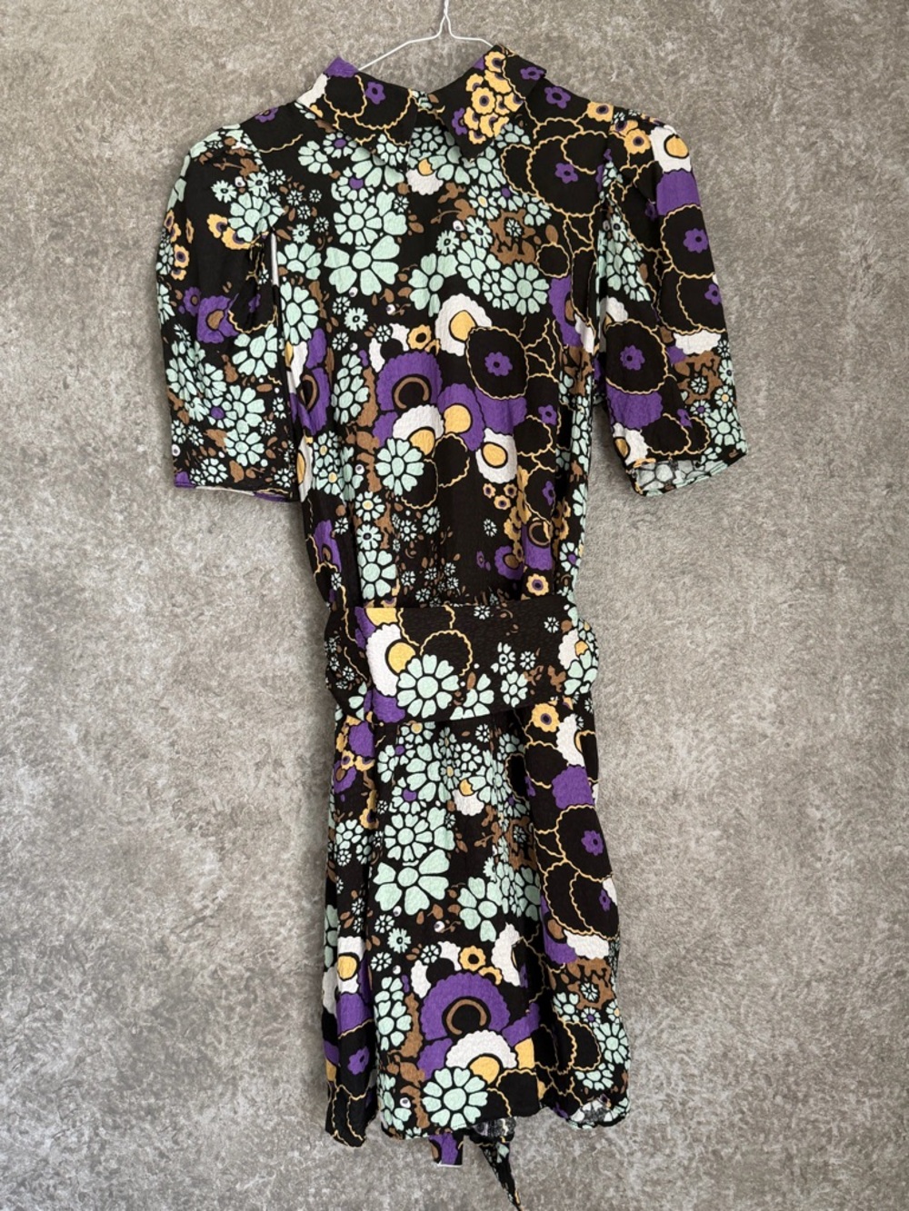 Ted Baker Black Floral-Print High Neck Mini Dress with Purple Accents - Picture 4 of 10